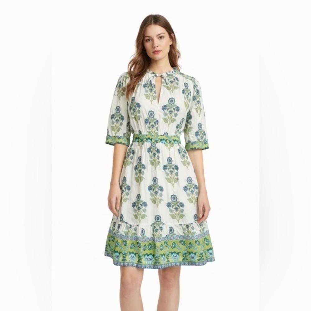 LÉA Anthropologie Ivory Floral Tie-Neck Cotton Cottagecore Prairie Dress Medium
